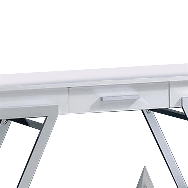 Pemberly Row 48 Inch Sofa Table Open Shelf Chrome Frame in High Gloss White