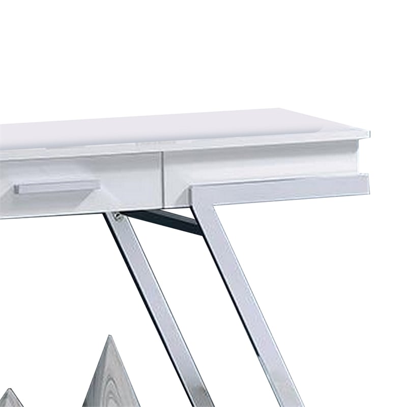 Pemberly Row 48 Inch Sofa Table Open Shelf Chrome Frame in High Gloss White