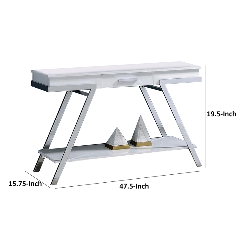 Pemberly Row 48 Inch Sofa Table Open Shelf Chrome Frame in High Gloss White