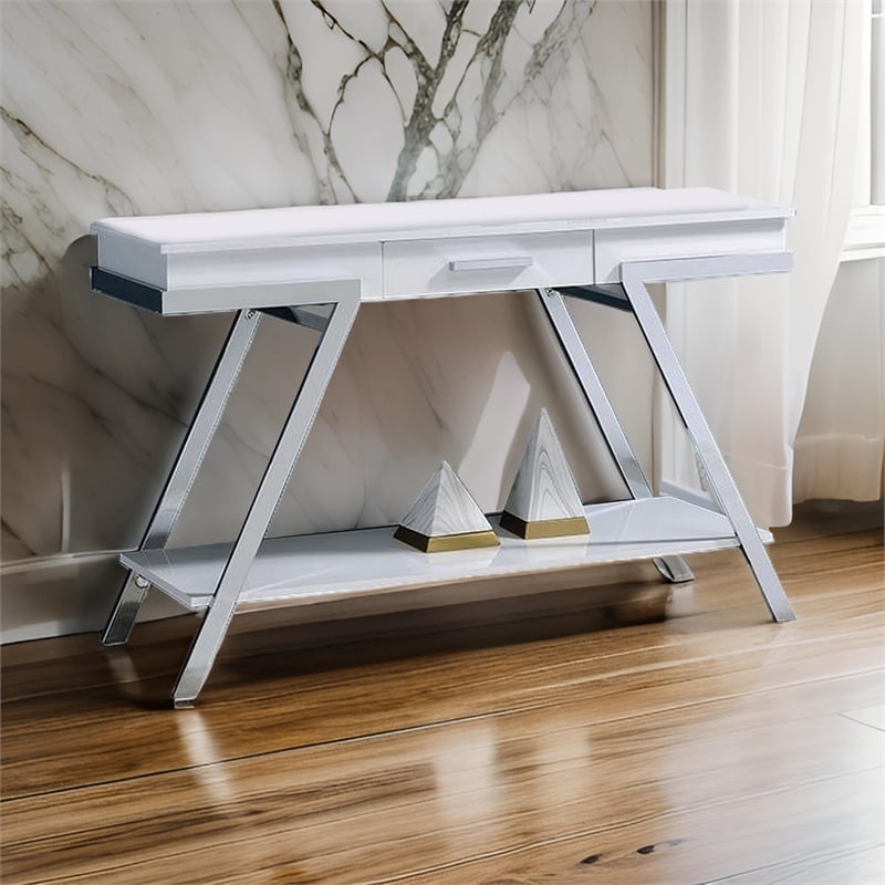 Pemberly Row 48 Inch Sofa Table Open Shelf Chrome Frame in High Gloss White