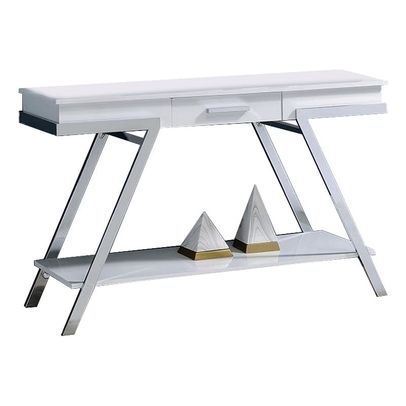 Pemberly Row 48 Inch Sofa Table Open Shelf Chrome Frame in High Gloss White
