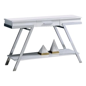 Pemberly Row 48 Inch Sofa Table Open Shelf Chrome Frame in High Gloss White