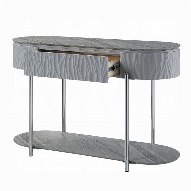 Pemberly Row 47 Inch Sofa Table Gray High Gloss Wood Drawers in Chrome Metal