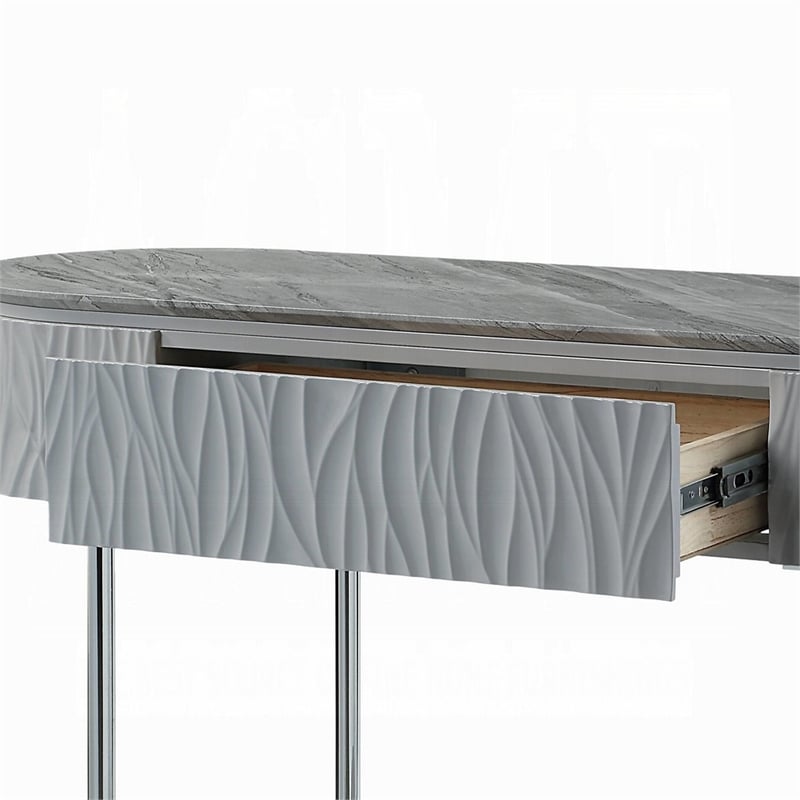 Pemberly Row 47 Inch Sofa Table Gray High Gloss Wood Drawers in Chrome Metal