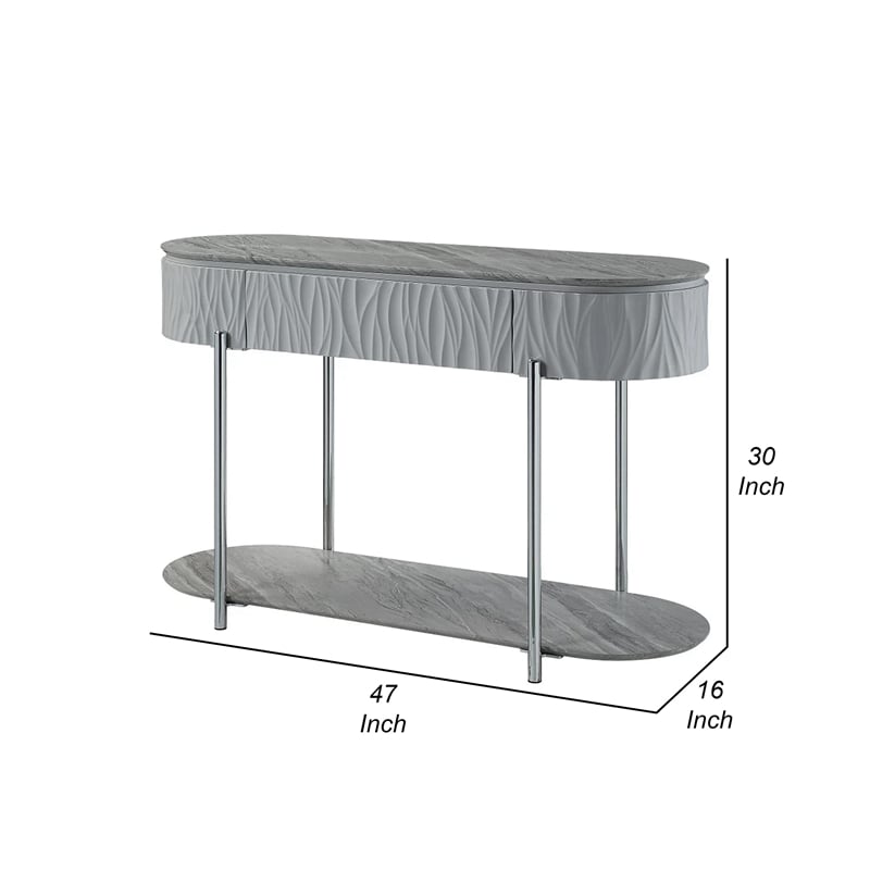 Pemberly Row 47 Inch Sofa Table Gray High Gloss Wood Drawers in Chrome Metal