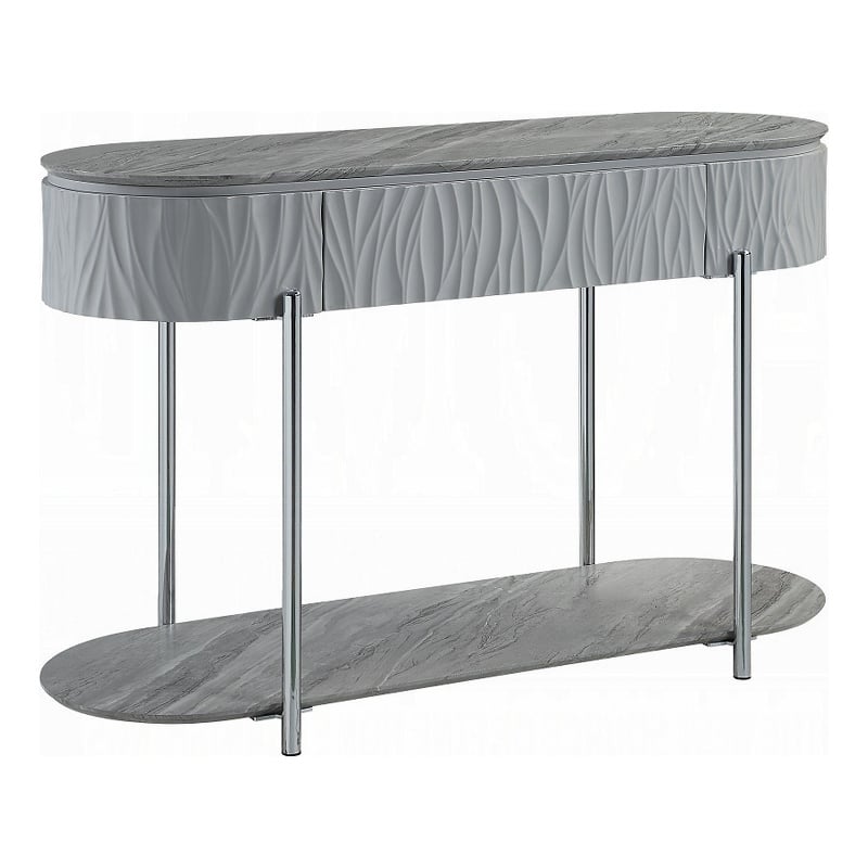 Pemberly Row 47 Inch Sofa Table Gray High Gloss Wood Drawers in Chrome Metal