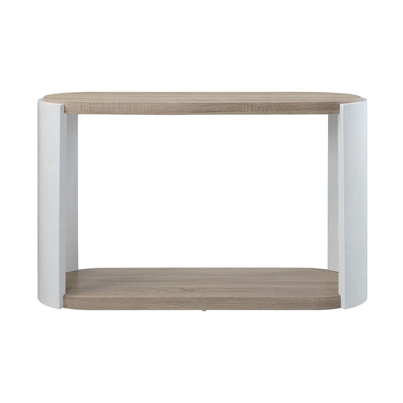 Pemberly Row 47 Inch Oval Sofa Console Table in White High Gloss and Brown