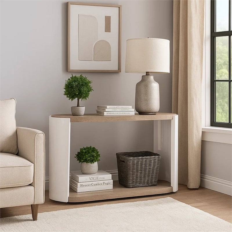 Pemberly Row 47 Inch Oval Sofa Console Table in White High Gloss and Brown