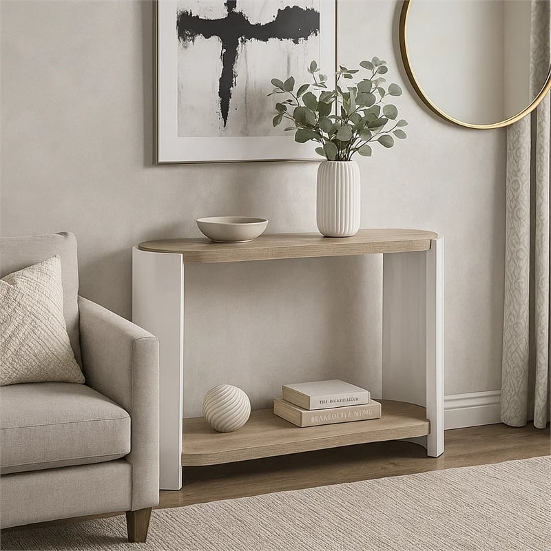 Pemberly Row 47 Inch Oval Sofa Console Table in White High Gloss and Brown