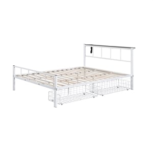 Pemberly Row Queen Size Bed with Underbed Storage Slatted White Metal Headboard