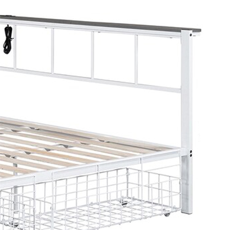 Pemberly Row Queen Size Bed with Underbed Storage Slatted White Metal Headboard