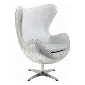 Pemberly Row Egg Chair with Swivel Riveted Metal in White Top Grain Leather