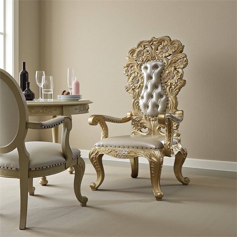 Pemberly Row Side Dining Chair Set of 2 Classic Light Gold Tufted Faux Leather