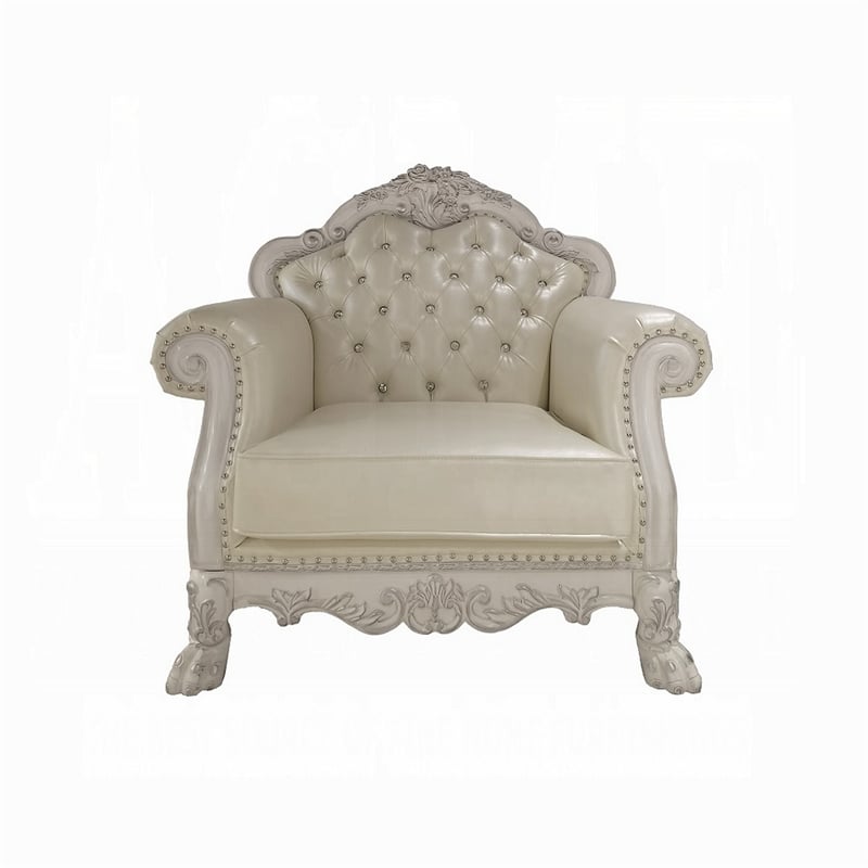 Pemberly Row Accent Chair with Claw Feet in Bone White Tufted Faux Leather
