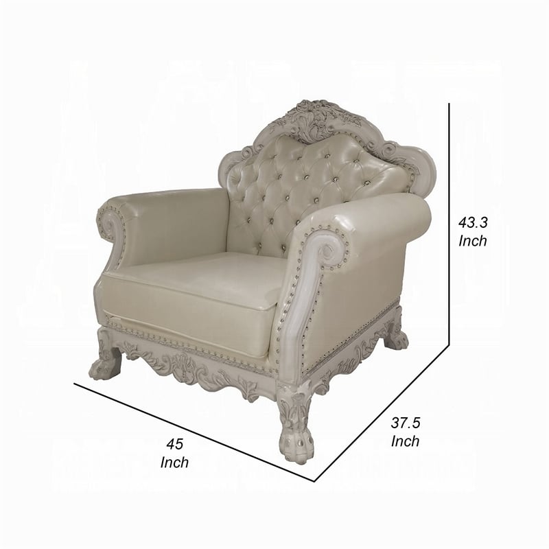 Pemberly Row Accent Chair with Claw Feet in Bone White Tufted Faux Leather
