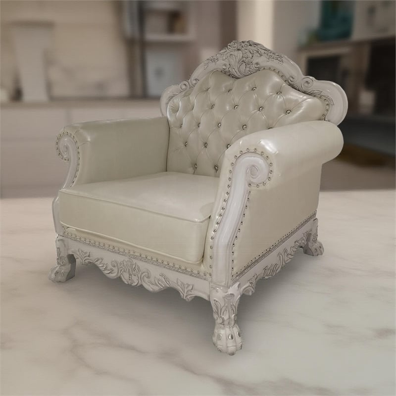 Pemberly Row Accent Chair with Claw Feet in Bone White Tufted Faux Leather