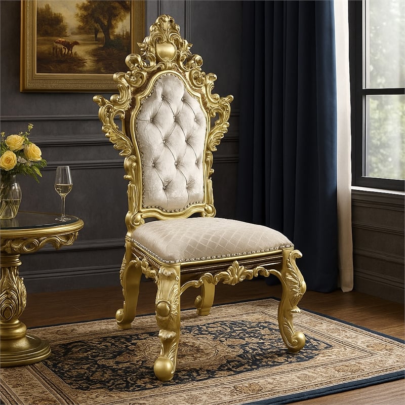 Pemberly Row Side Dining Chair Set of 2 Crystal Tufted Gold Floral Carvings