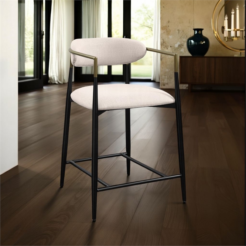 Pemberly Row 25 Inch Counter Height Chair in Beige Fabric Black Metal Frame
