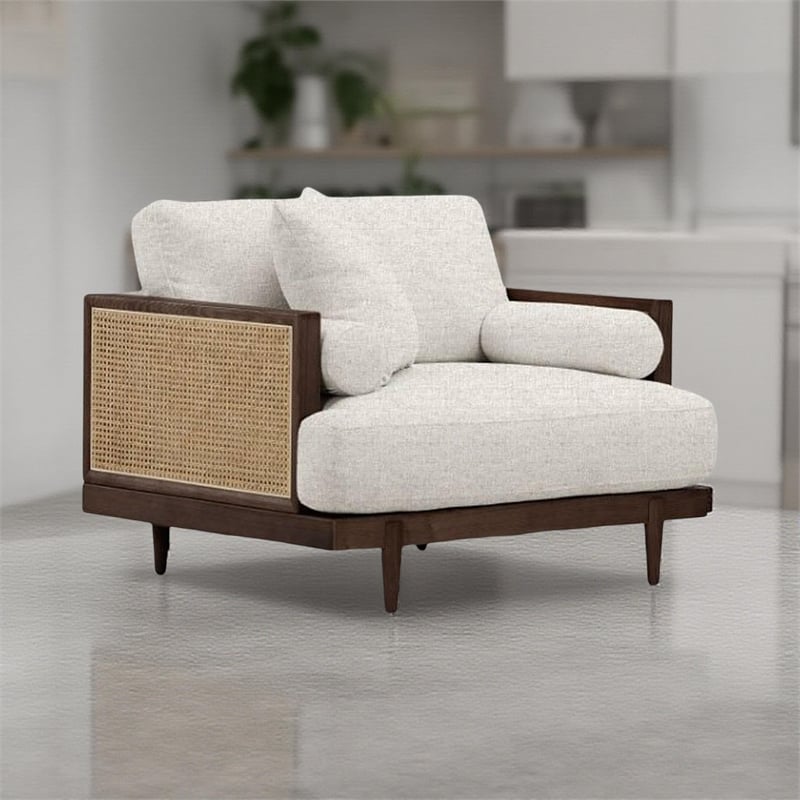 Pemberly Row Accent Chair Rattan Woven Armrest in White Brown Solid Wood
