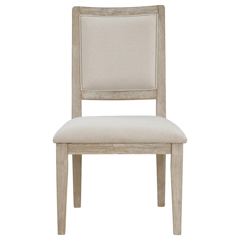 Pemberly Row Dining Side Chair Set of 2 Square Back in White Wood Beige Fabric