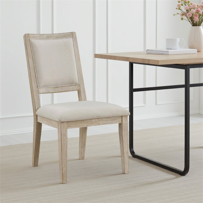Pemberly Row Dining Side Chair Set of 2 Square Back in White Wood Beige Fabric