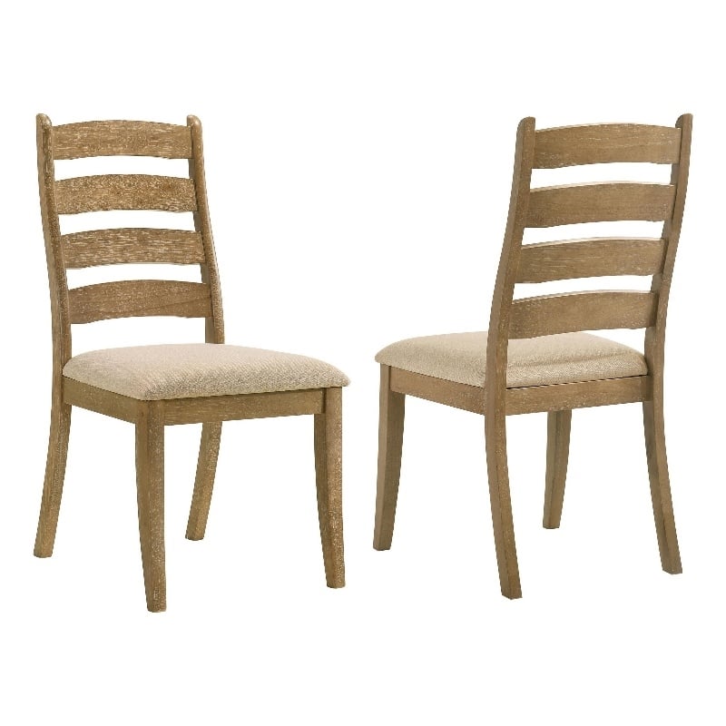 Pemberly Row Dining Side Chair Set of 2 Ladderback in Brown Wood Beige Fabric