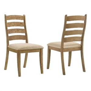 Pemberly Row Dining Side Chair Set of 2 Ladderback in Brown Wood Beige Fabric