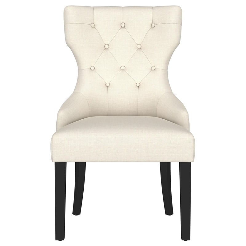 Pemberly Row Dining Side Chair Curved Barrel Design in Beige Fabric Black Wood
