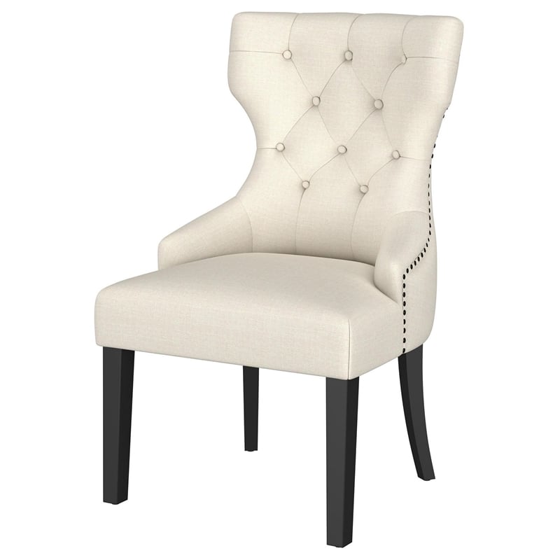 Pemberly Row Dining Side Chair Curved Barrel Design in Beige Fabric Black Wood