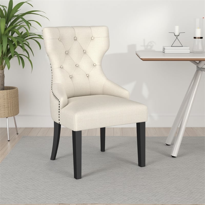 Pemberly Row Dining Side Chair Curved Barrel Design in Beige Fabric Black Wood