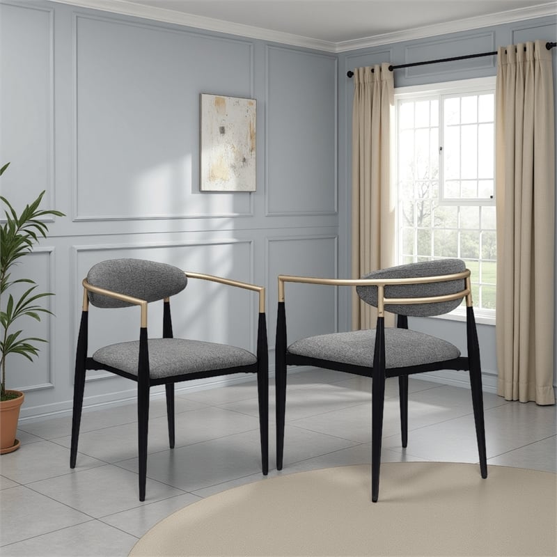 Pemberly Row Dining Armchair Set of 2 Modern Gray Fabric Sleek Black Metal