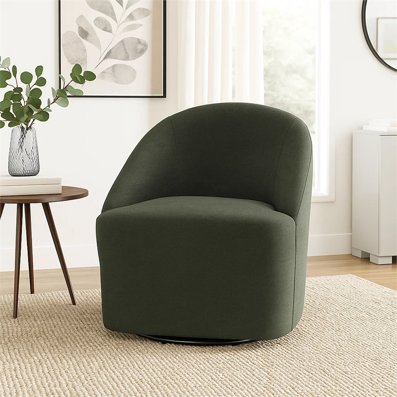 Pemberly Row Barrel Accent Swivel Chair Modern Minimal Shape in Dark Green