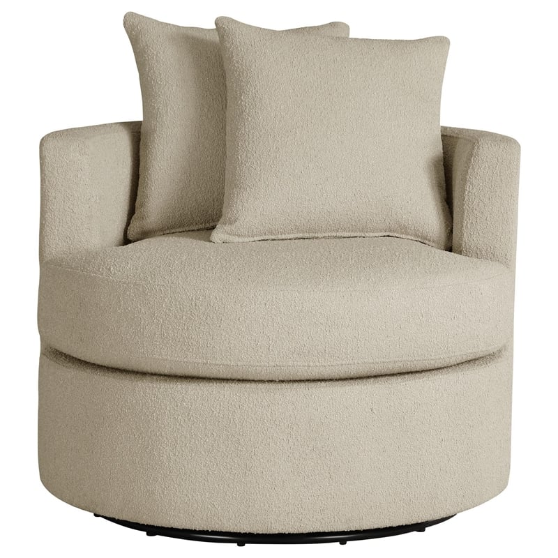 Pemberly Row Swivel Accent Chair in Camel Brown Fabric with 2 Accent Pillows