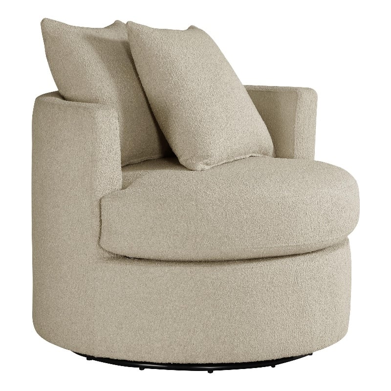 Pemberly Row Swivel Accent Chair in Camel Brown Fabric with 2 Accent Pillows