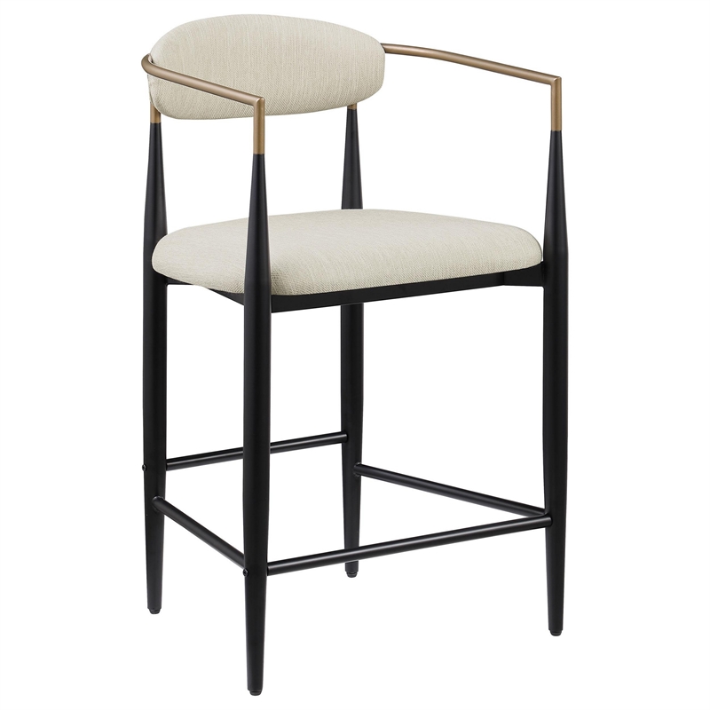 Pemberly Row 25 Inch Counter Height Chair Set of 2 in Beige Fabric Black Metal