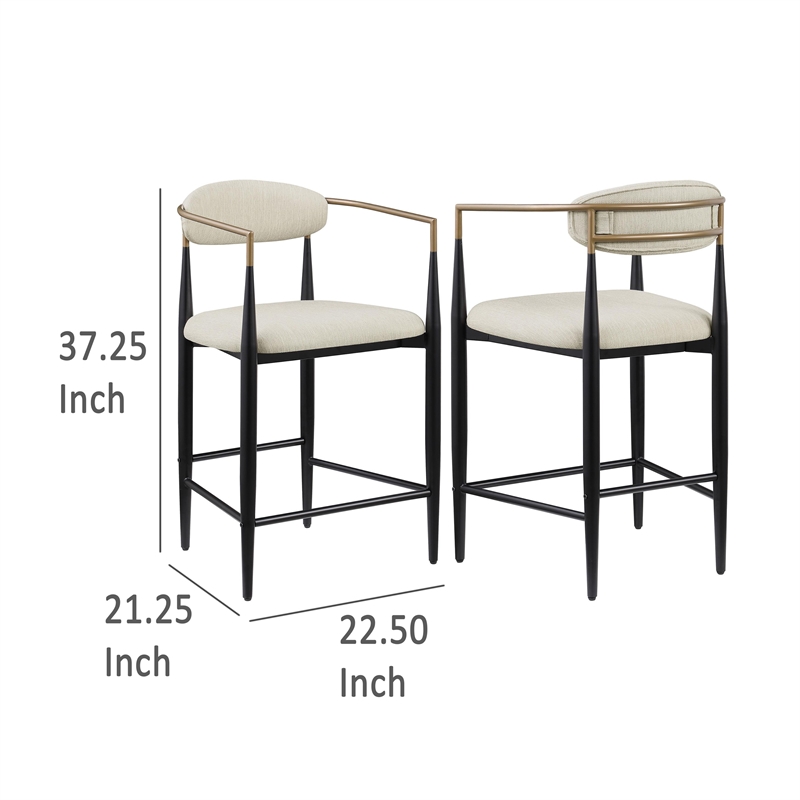 Pemberly Row 25 Inch Counter Height Chair Set of 2 in Beige Fabric Black Metal