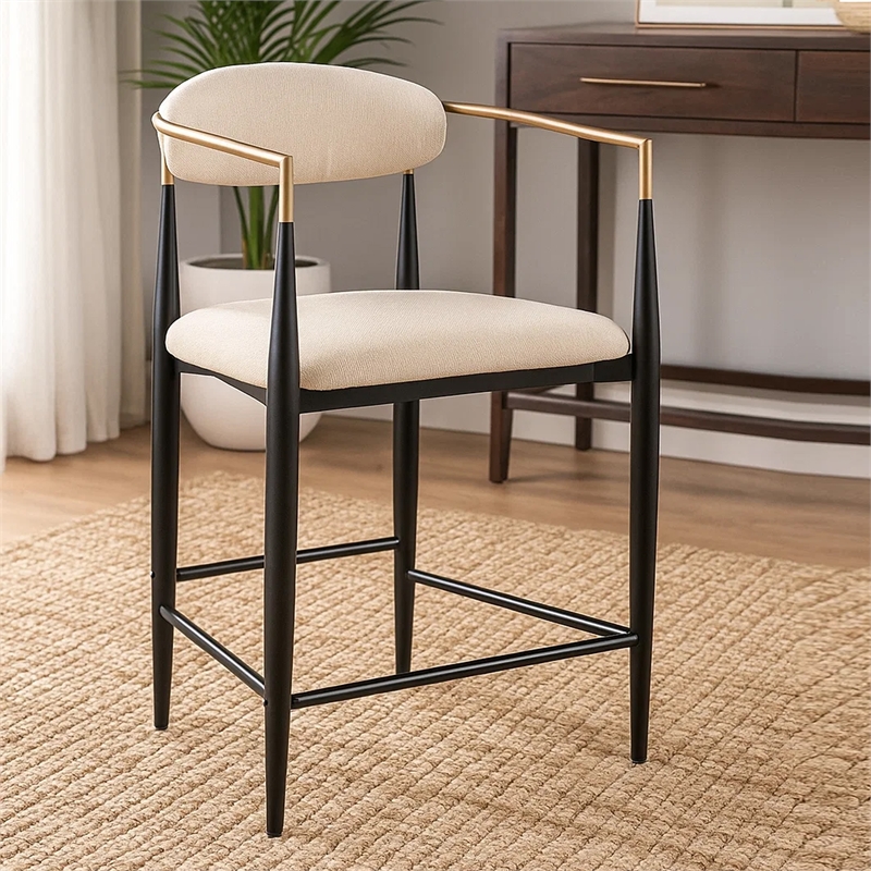 Pemberly Row 25 Inch Counter Height Chair Set of 2 in Beige Fabric Black Metal