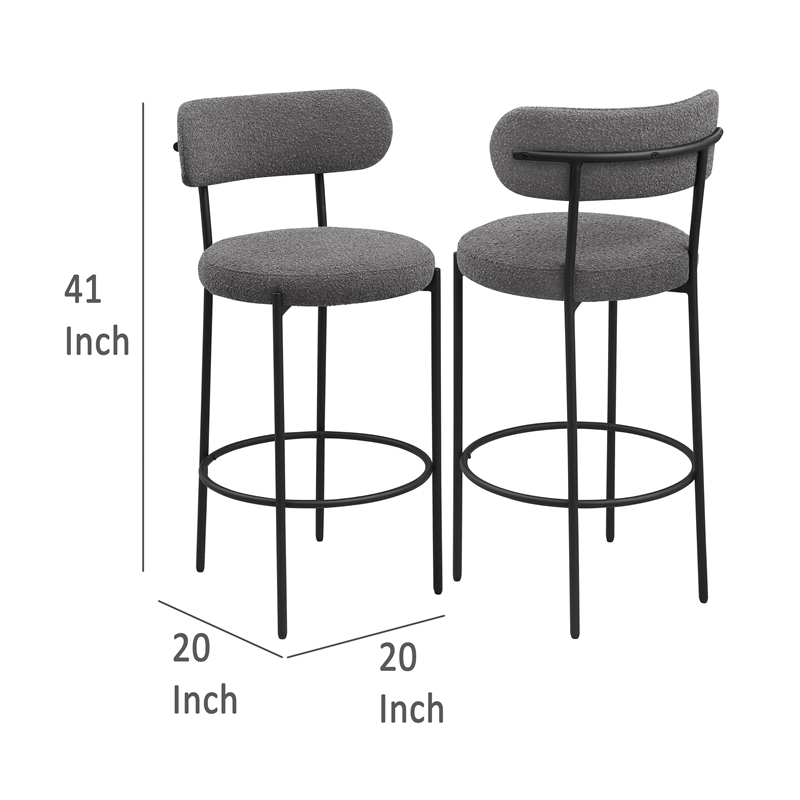 Pemberly Row 30 Inch Bar Chair Set of 2 in Gray Boucle Fabric Black Metal