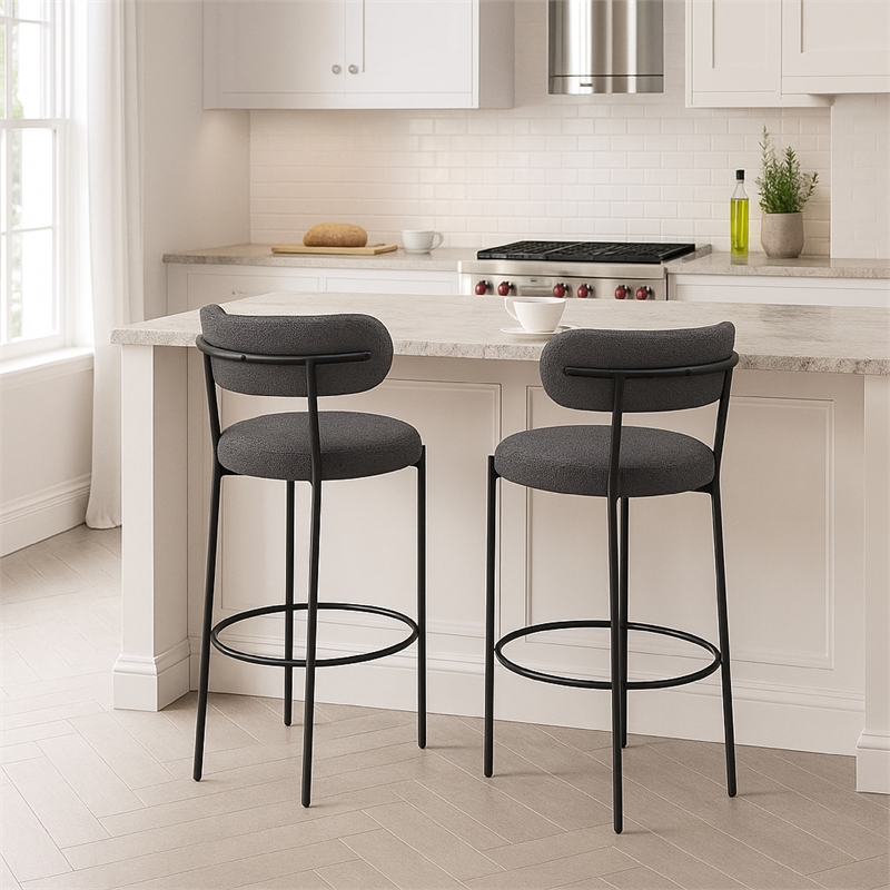 Pemberly Row 30 Inch Bar Chair Set of 2 in Gray Boucle Fabric Black Metal