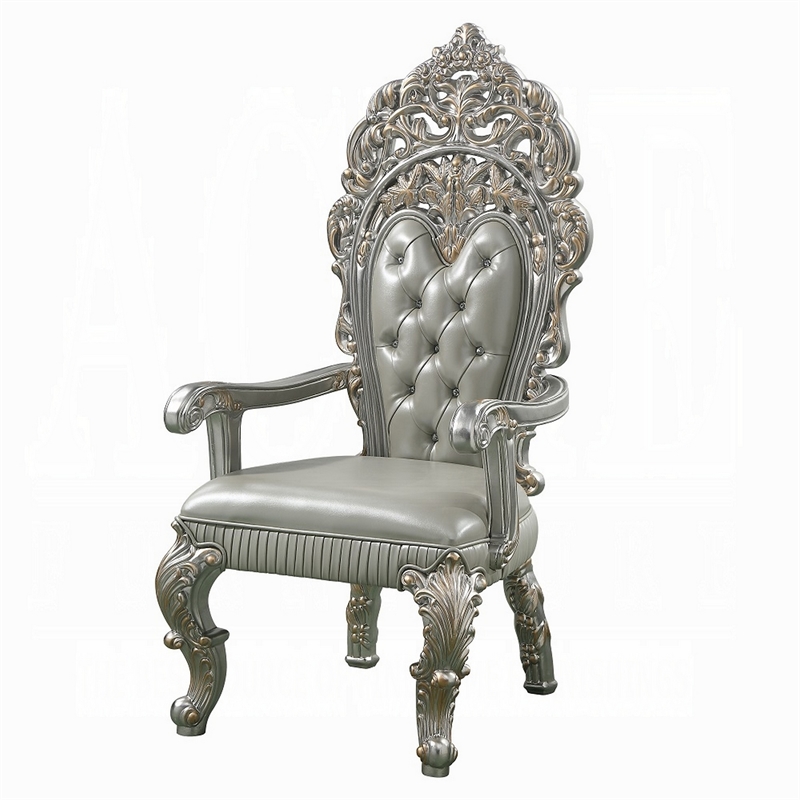 Pemberly Row Dining Armchair Set of 2 in Beige Faux Leather Champagne Finish
