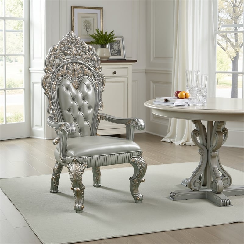 Pemberly Row Dining Armchair Set of 2 in Beige Faux Leather Champagne Finish