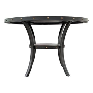 Pemberly Row 48 Inch Dining Table Round Nailhead Trim Top with Shelf Black Wood