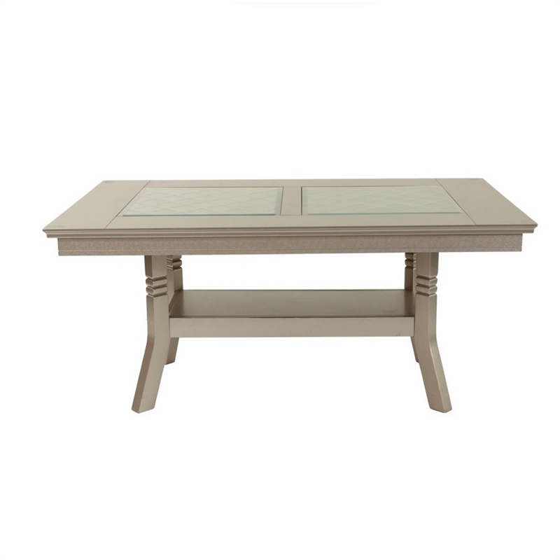 Pemberly Row 66 Inch Dining Table Glass Top Lower Shelf in Beige Rubberwood