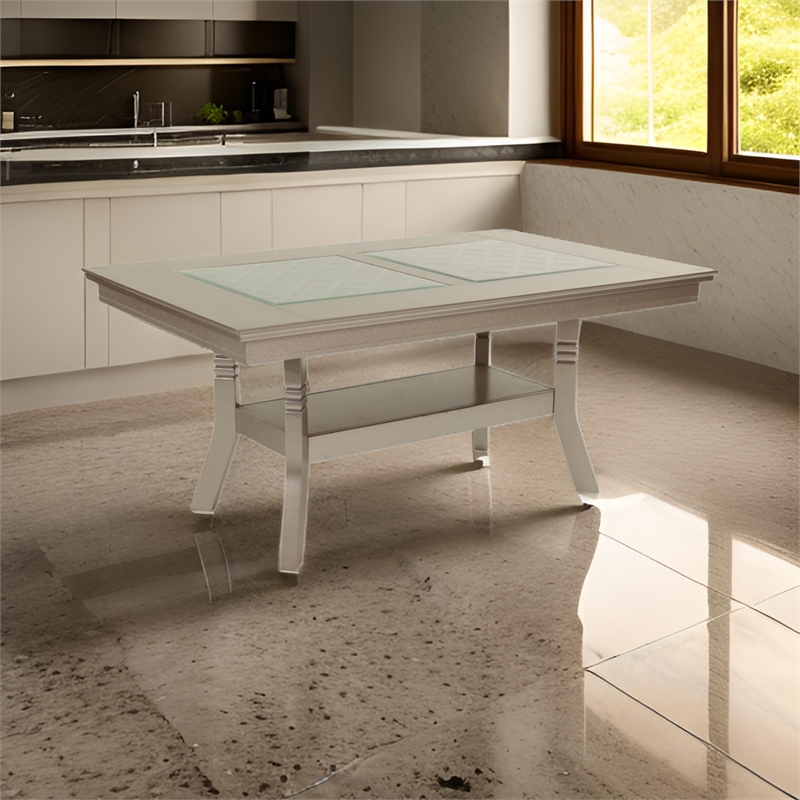 Pemberly Row 66 Inch Dining Table Glass Top Lower Shelf in Beige Rubberwood