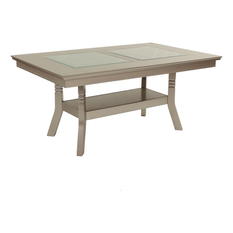 Pemberly Row 66 Inch Dining Table Glass Top Lower Shelf in Beige Rubberwood