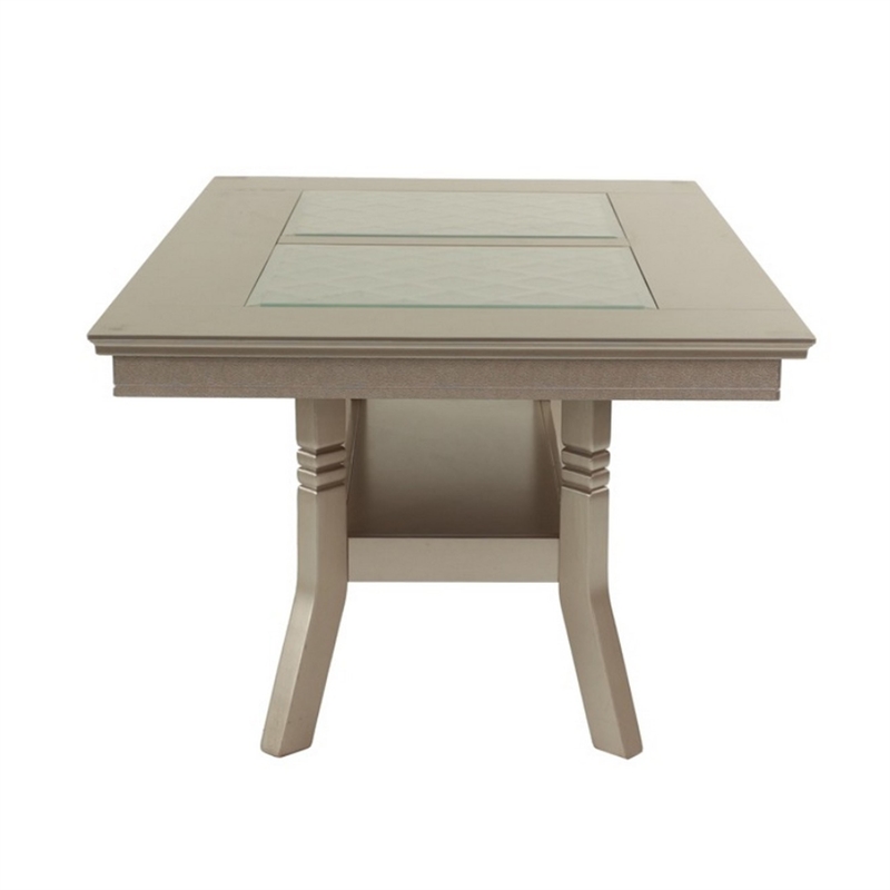 Pemberly Row 66 Inch Dining Table Glass Top Lower Shelf in Beige Rubberwood