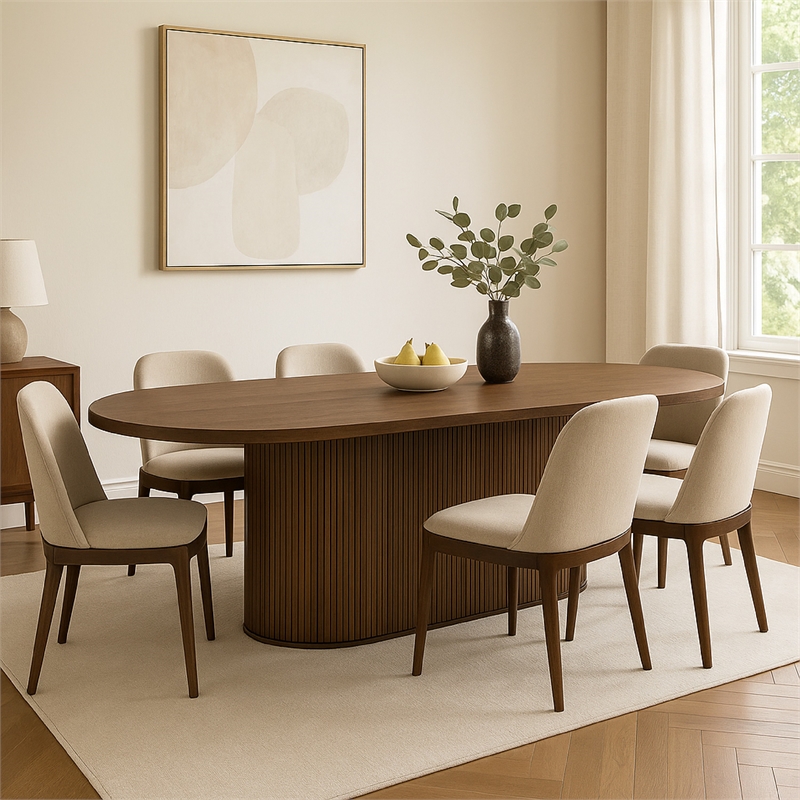 Pemberly Row 87 Inch Oval Dining Table Vertical Reeded Details in Oak Brown