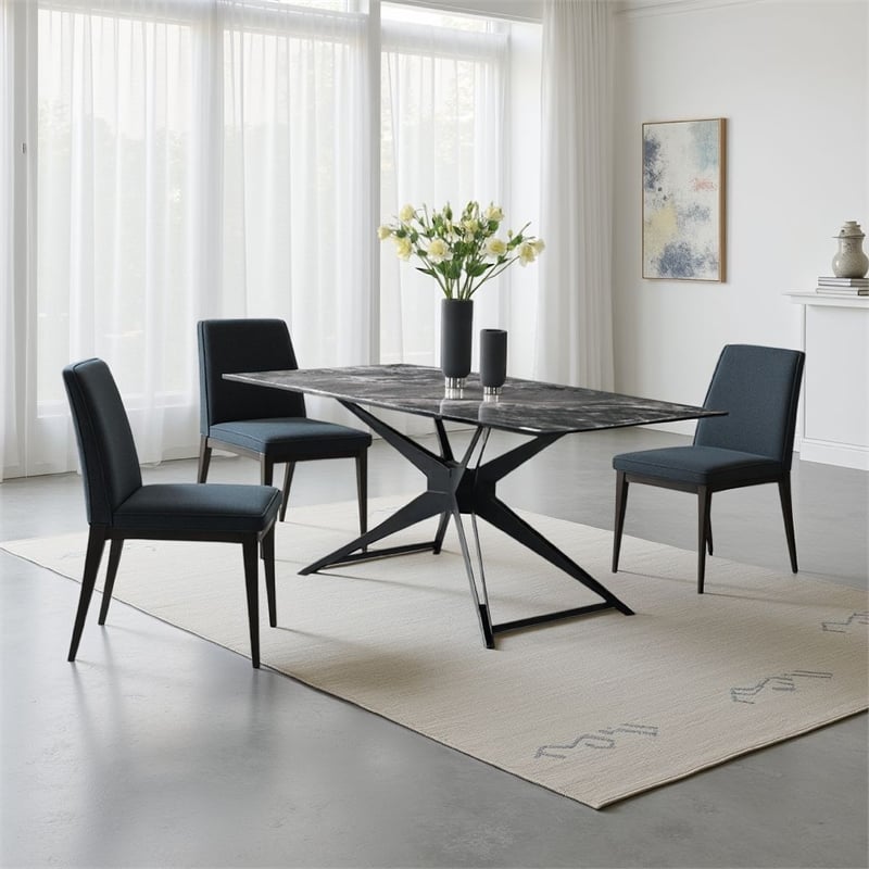 Pemberly Row 71 Inch Dining Table Crystal Glass Top Black Geometric Base