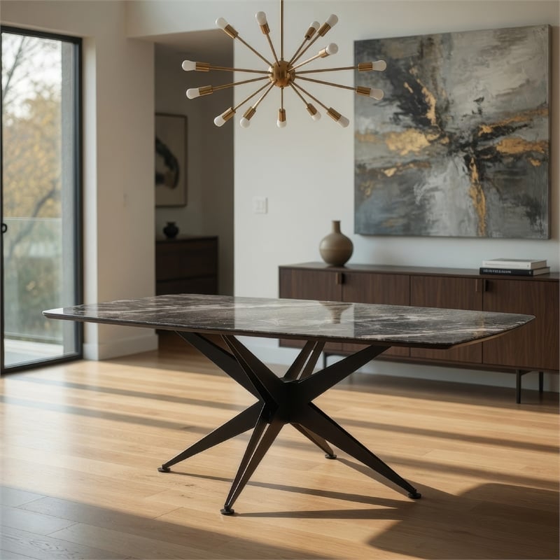 Pemberly Row 71 Inch Dining Table Crystal Glass Top Black Geometric Base