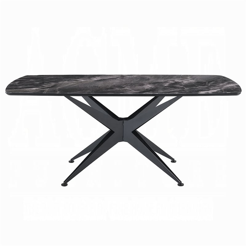 Pemberly Row 71 Inch Dining Table Crystal Glass Top Black Geometric Base